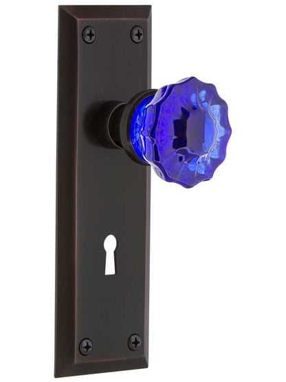 New York Mortise Lock Set with Colored Fluted Crystal Glass Knobs Cobalt Blue in Timeless Bronze.